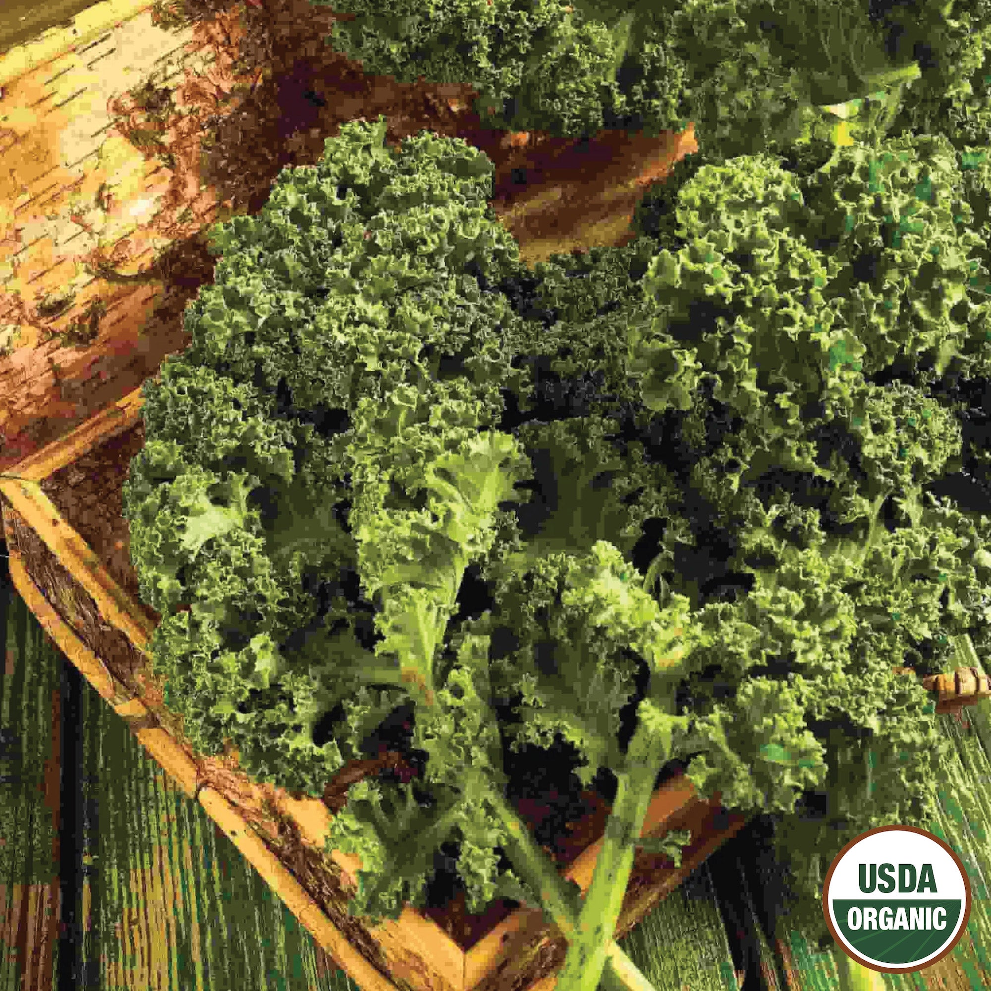 USDA Organic emblem and an image of fresh Dwarf Blue Curled Kale leaves on a wooden surface.